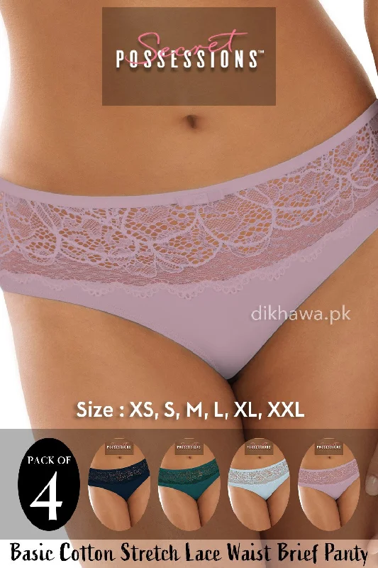 Secret Possessions Panty - Basic Cotton Stretch Lace Waist Brief Panty Pack of 4