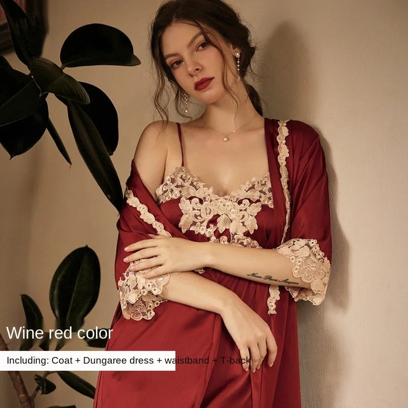 Lace Satin Robe Homewear Sexy Women Slip Dress Pajama Sexy Lingerie Set