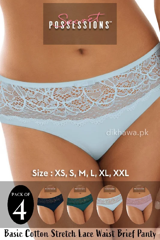 Secret Possessions Panty - Basic Cotton Stretch Lace Waist Brief Panty Pack of 4