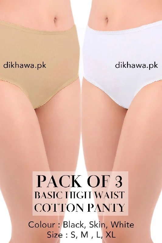 Basic High Waist Cotton Panty Pack of 3 - FL-512 - Black Skin & White