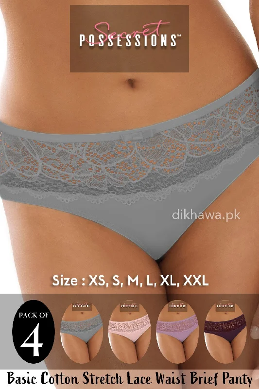 Secret Possessions Panty - Basic Cotton Stretch Lace Waist Brief Panty Pack of 4