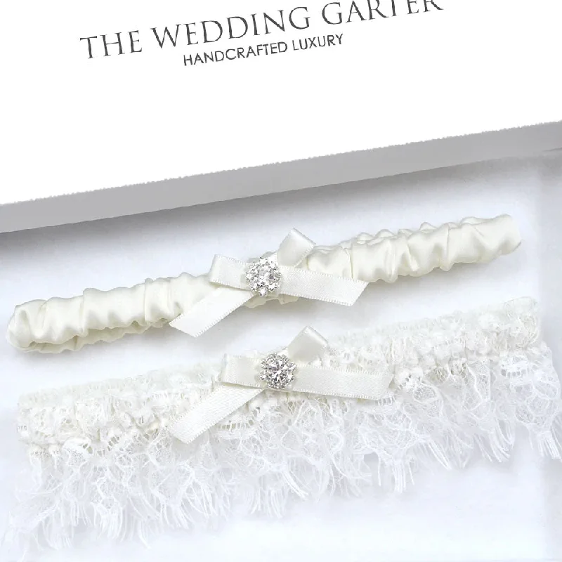 Evangeline Ivory Satin & Chantilly Lace Wedding Garter Set