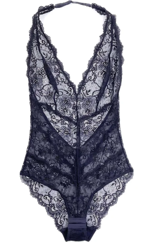 All Lace Halter Bodysuit in Dark Navy/Black