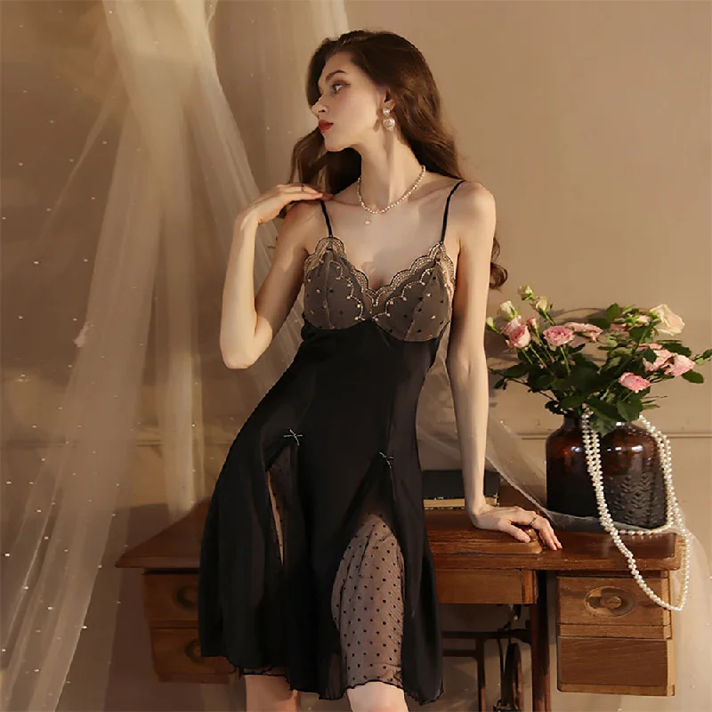 luxury brand women sexy lingerieSexy Satin Babydoll Dress Polka Dot Lace Overlay Backless Lingerie Nightgown