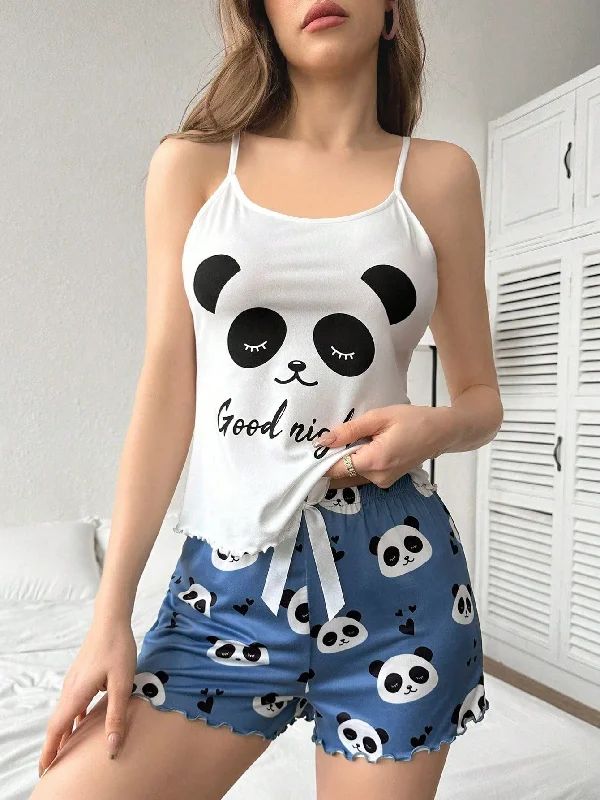 Panda & Letter Printed Camisole And Shorts Women's Pajama Set