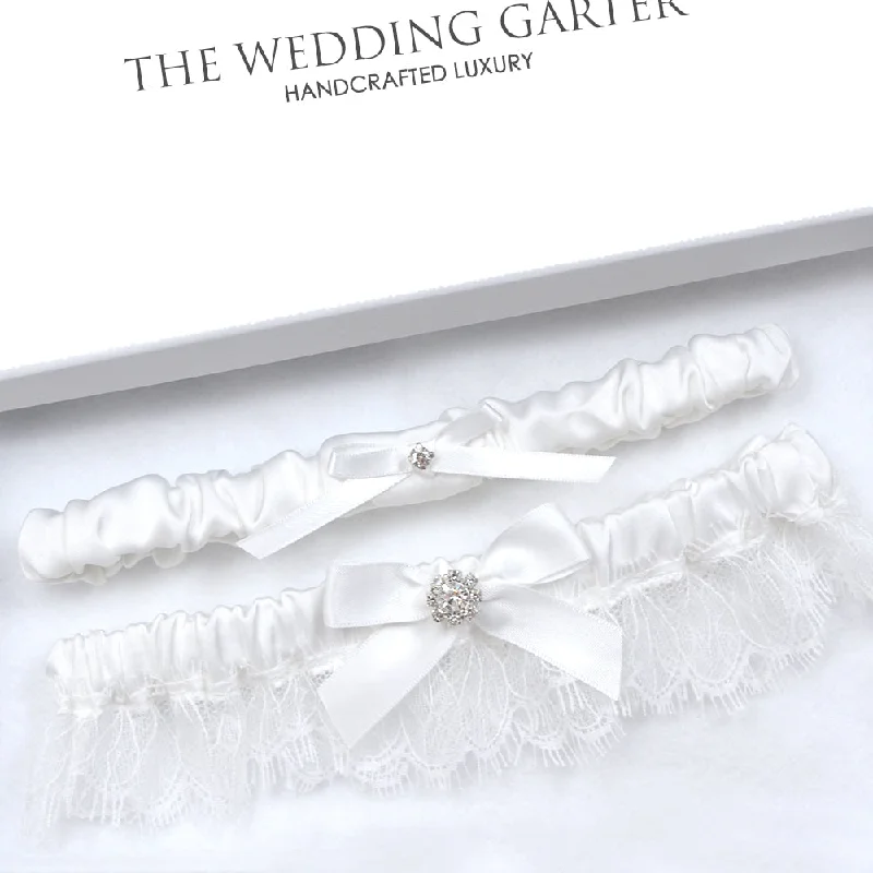 Ada White Chantilly Lace & Satin Wedding Event Garter Set