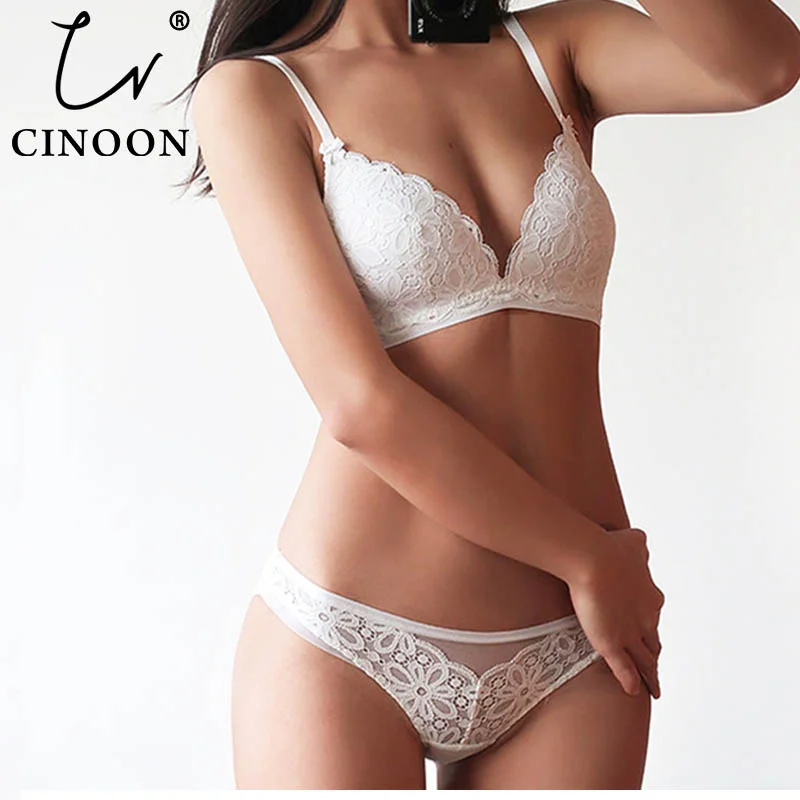 CINOON Sexy Lace 3/4 Cup Bra Sets For Women Wireless Thin Cotton Breathable Comfortable Underwear Solid color Lingerie Set