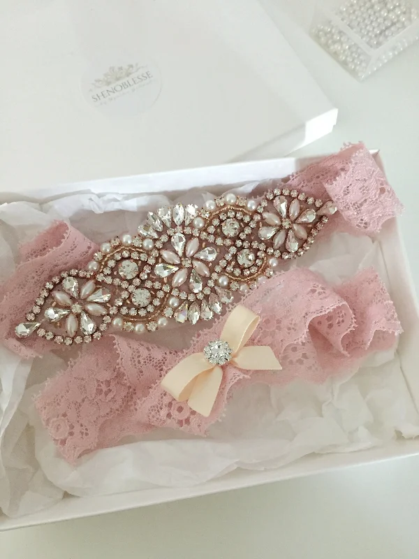 elastic women garters for comfortJUDY | Wedding Garter Set Rose Gold Dusty Pink Lace