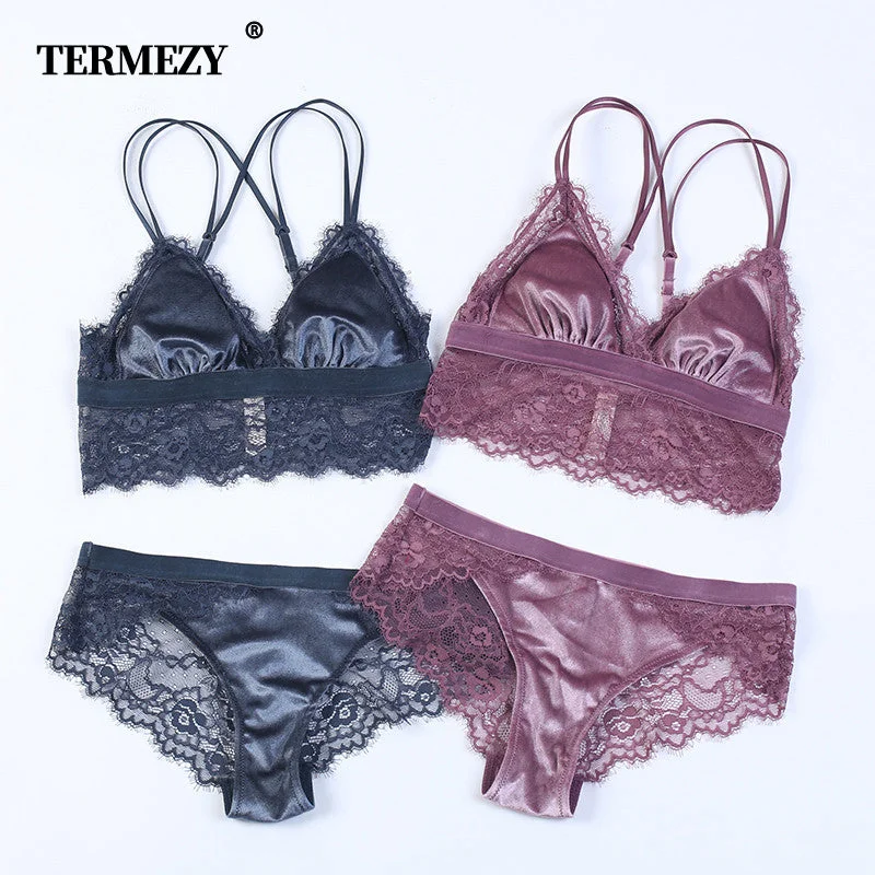 TERMEZY 2019 New Fashion Women Velvet Bra set Underwear broad-brimmed lace brassiere wireless Lingerie Soft Trim bralette set