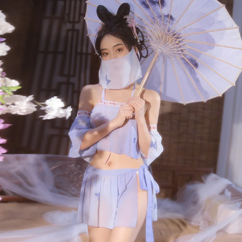 corset style women sexy lingerieSexy Chinese Elf Costume Purple Vintage Chiffon Halter Crop Top Slit Skirt and Panty