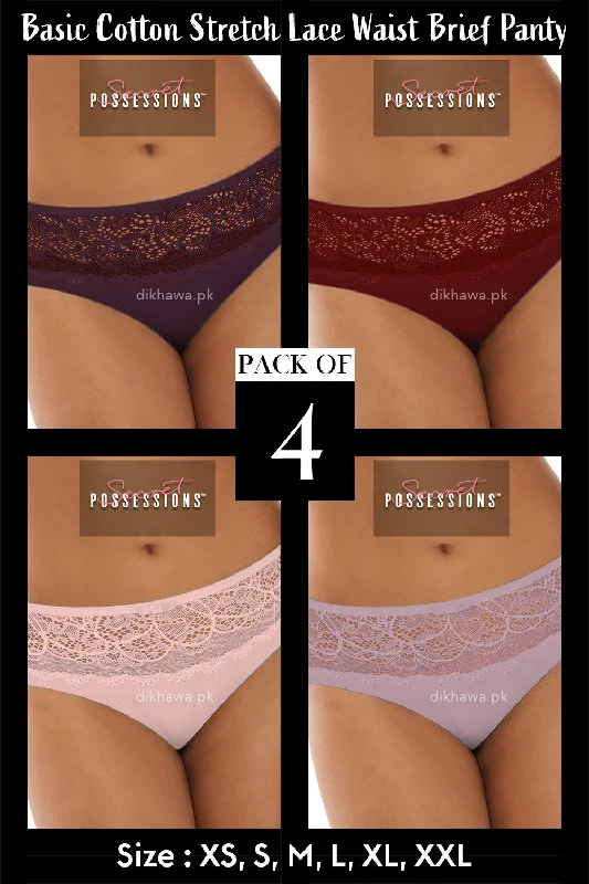 Secret Possessions Panty - Basic Cotton Stretch Lace Waist Brief Panty Pack of 4