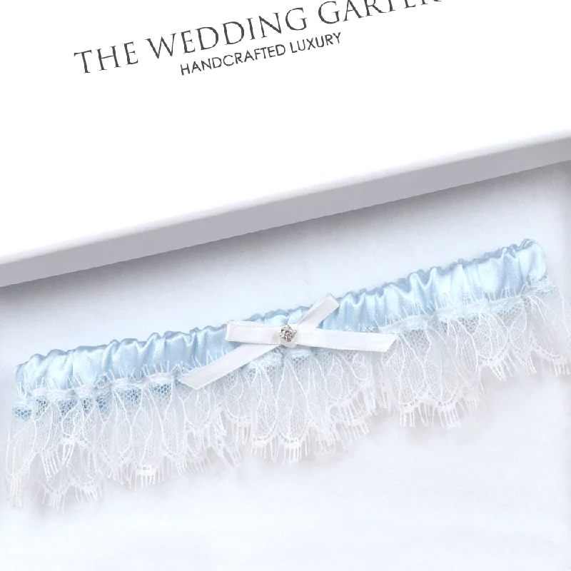 Evie Blue Wedding Garter With Chantilly Lace Trim