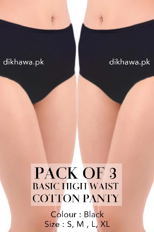 Basic High Waist Cotton Panty Pack of 3 - FL-512 - Black