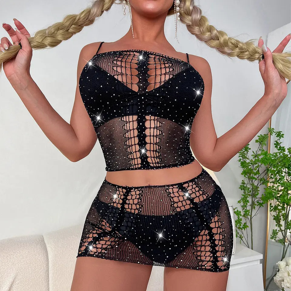 Fishnet Rhinestone Sexy Lingerie Set 2pcs