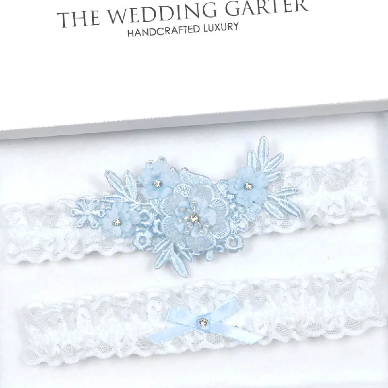 Blue Floral Lace Applique Brides Garter Set