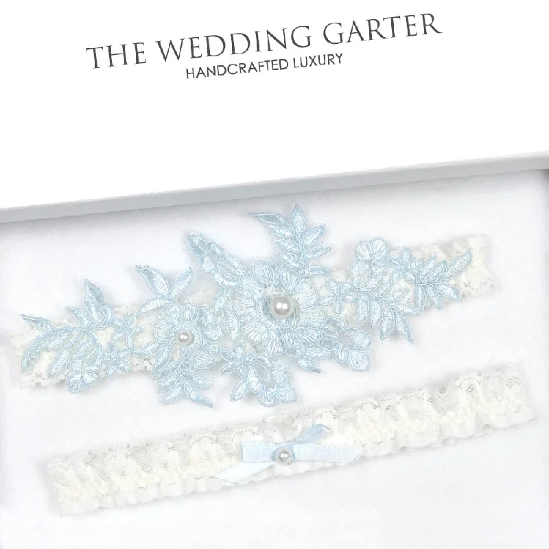 Blue Lace Applique & Ivory Lace Bridal Garter Set