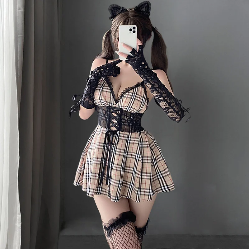 removable strap women sexy lingerieYomorio Plaid Lingerie Dress Sexy Deep V Neck Lace Babydoll Lace-Up Backless Sleepwear