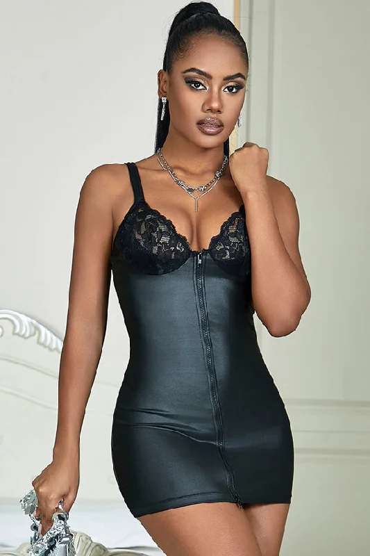 Black Sexy Zippered Faux Leather Bodycon Dress