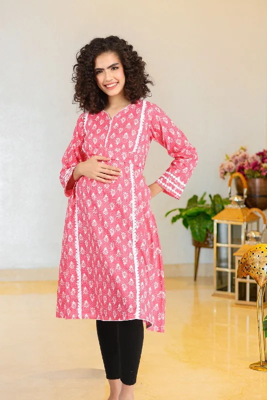 Blossom Pink Maternity & Nursing Kurta (100% Cotton)