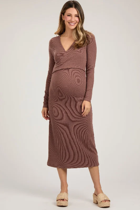 Brown Ribbed Long Sleeve Maternity Wrap Nursing Dress