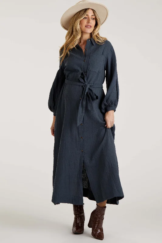 Charcoal Gauze Belted Shirt Maternity Midi Dress