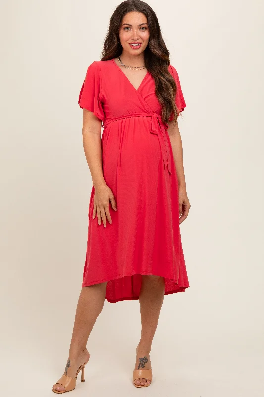 Coral Flutter Sleeve Waist Tie Maternity Nursing Dress