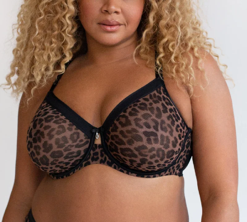 Curvy Couture Sheer Mesh Designer Leopard Print Unlined Bra 1311