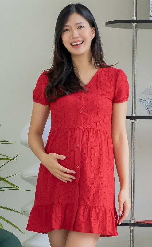Eva Eyelet Nursing Dress in Red