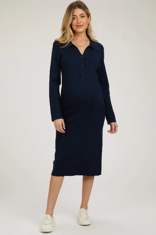 Navy Collared Long Sleeve Sweater Maternity Midi Dress