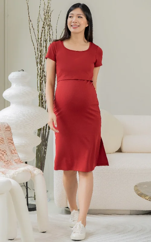 Nayla Ribbed Nursing Dress in Dark Red