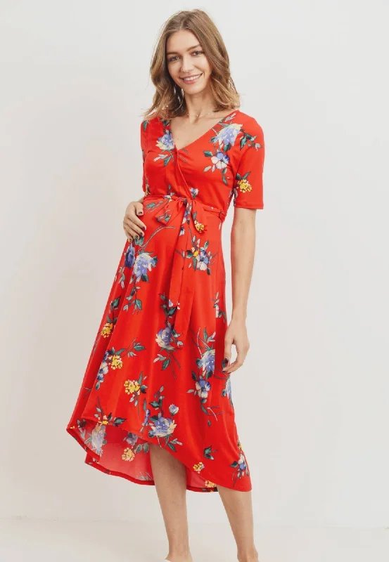 Red Floral Print High-Low Maternity Dress