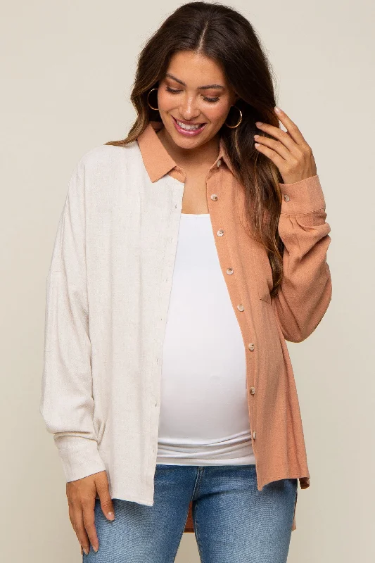 Rust Color Block Button Up Linen Maternity Top