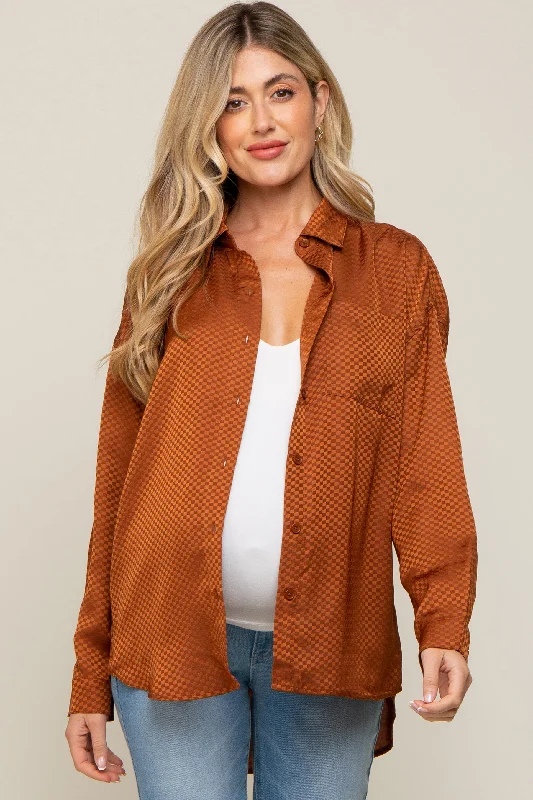 Rust Satin Checkered Print Maternity Blouse