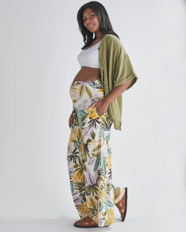 Stacie Wide Leg Maternity Ruffled Pants in Green Flora