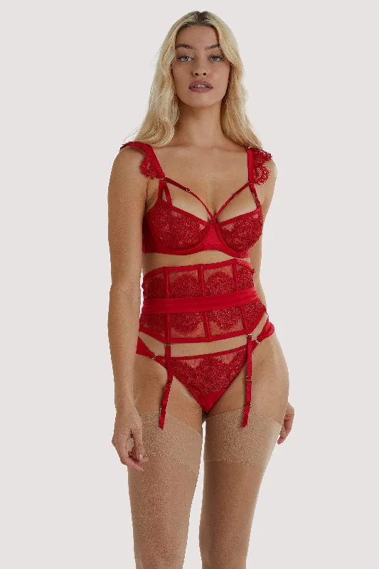 Bra with a plus - size front - closure for easy access Anneliese Red Satin Net and Lace Waspie Bra with a plus - size front - closure for easy access Anneliese Red Satin Net and Lace Waspie