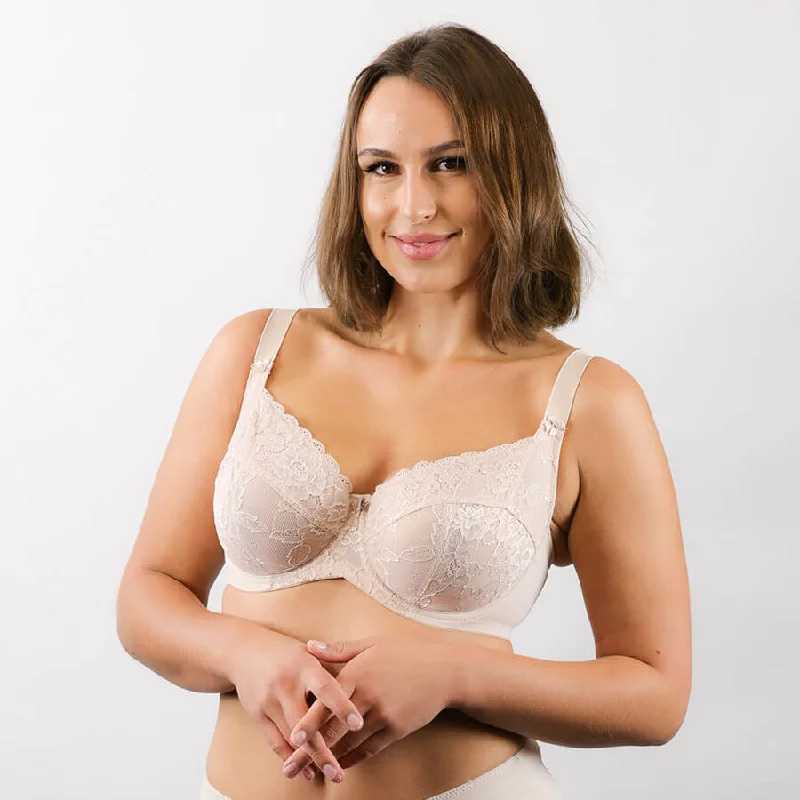Bra with a textured fabric for added visual interest Dahlia Lace Full Cup Bra - Almond Bra with a textured fabric for added visual interest Dahlia Lace Full Cup Bra - Almond