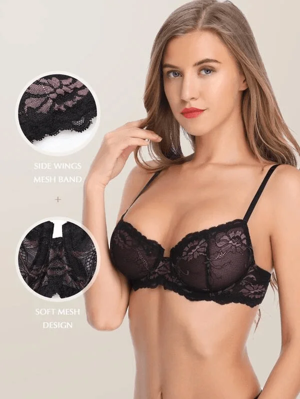 Bra with a reversible design for double the style options Eyelash Lace Demi Sexy Sheer Lace Balconette Bra Black Bra with a reversible design for double the style options Eyelash Lace Demi Sexy Sheer Lace Balconette Bra Black