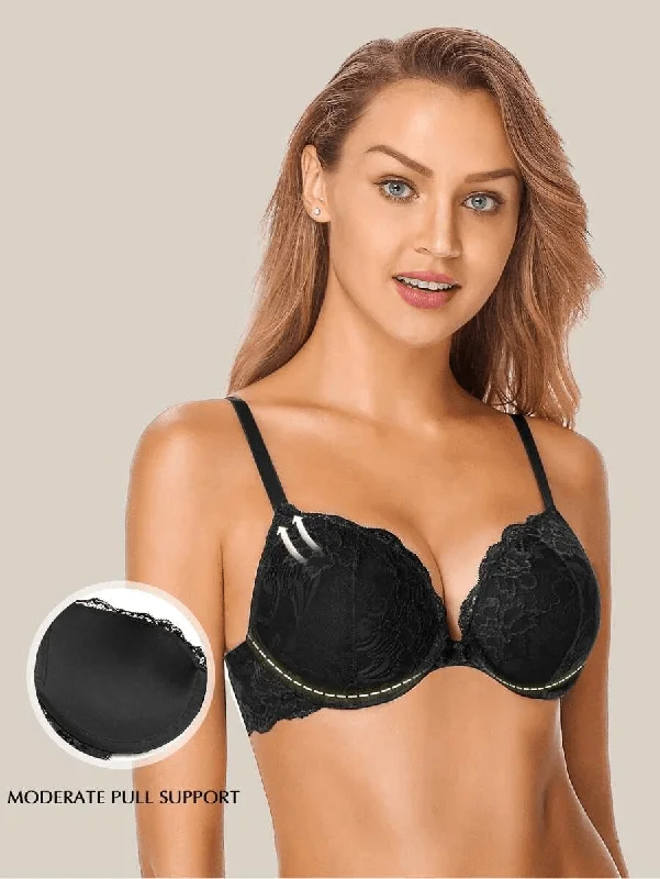 Bra with a contour memory foam cup for a natural look​ Floral Lace Push-Up Lightly Padded Demi Plunge Underwire Bra Black