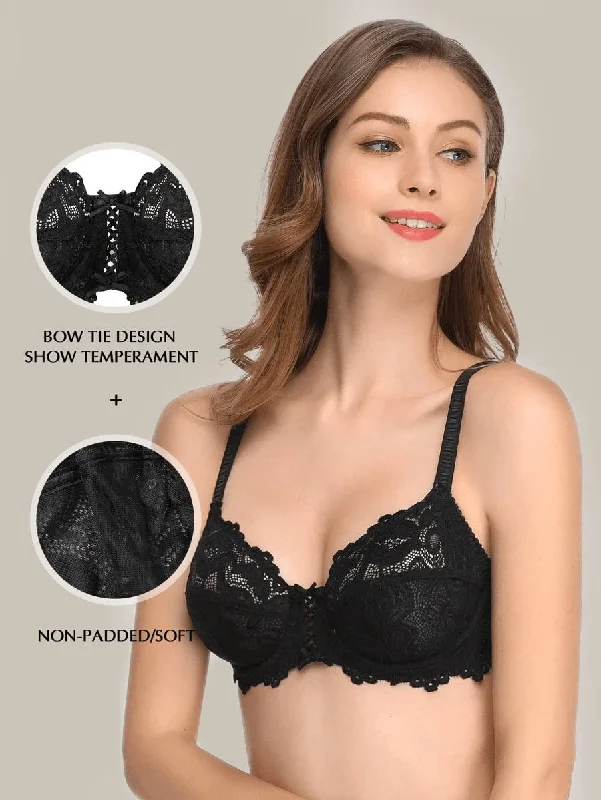 Bra with a nylon - lined cup for stretch and support Floral Lace Non-Padded Full Coverage Underwire Bra Black Bra with a nylon - lined cup for stretch and support Floral Lace Non-Padded Full Coverage Underwire Bra Black