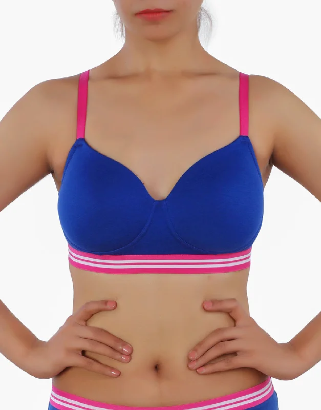 LOSHA LIGHTLY PADDED NON WIRED TSHIRT BRA WITH STRIPED ELASTIC WAIST BAND-BLUE