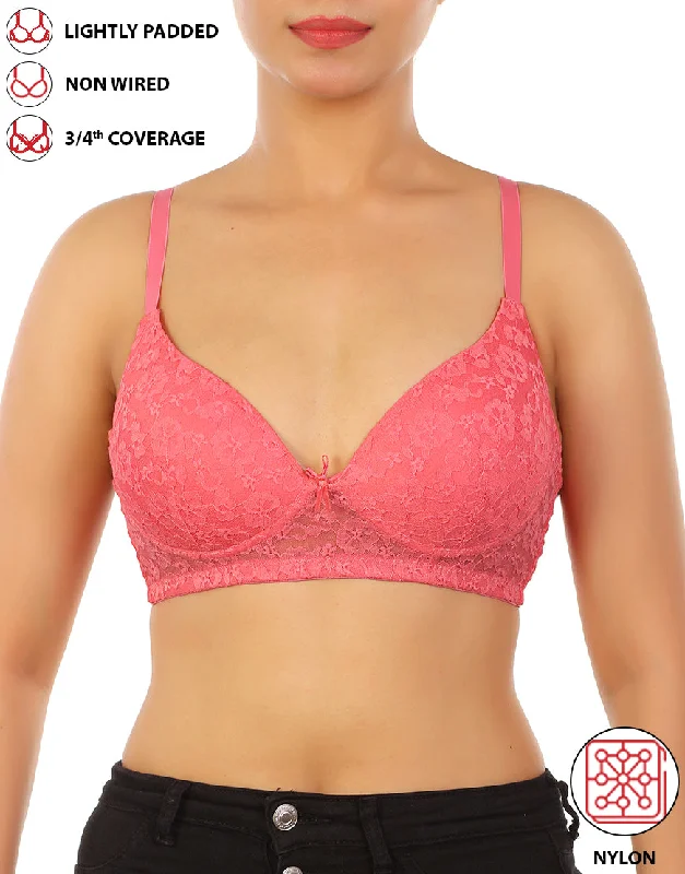 LOSHA LIGHTLY PADDED WIRE-FREE 3/4TH COVERAGE ALL OVER LACE BRA- PINK LEMONADE