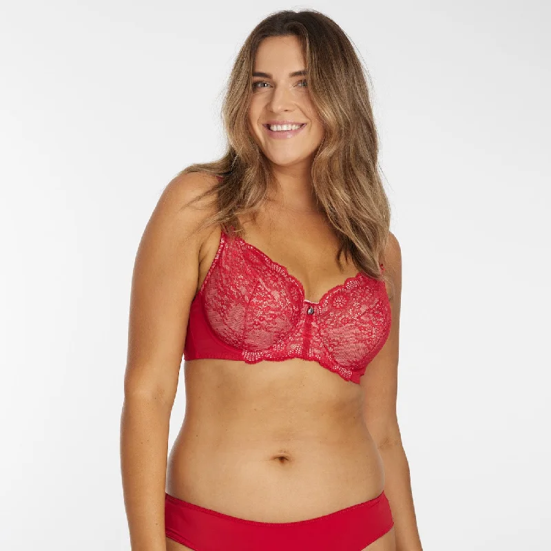 Bra with a cross - back strap design for a trendy look Peony Lace Full Cup Bra - Savvy Red Bra with a cross - back strap design for a trendy look Peony Lace Full Cup Bra - Savvy Red