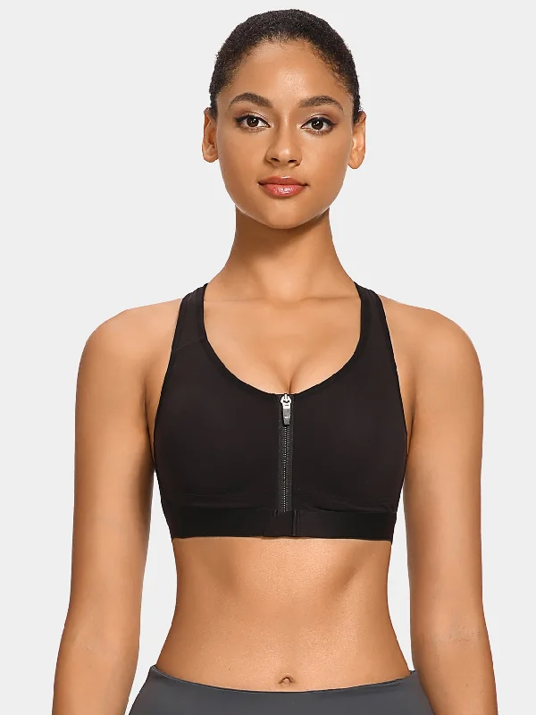 Bra with underbust support for better breast lift Front Closure Padded Zip Racerback Sports Bra Black Bra with underbust support for better breast lift Front Closure Padded Zip Racerback Sports Bra Black