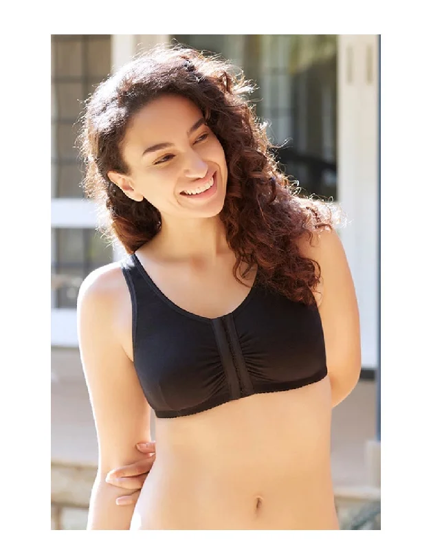 Losha Cotton Wire-free Darted Cup Front Open Bra-Black